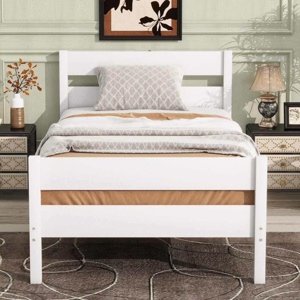 Twin Size Bed Frame Wooden Platform Bed Frame with Headboard White/Espresso