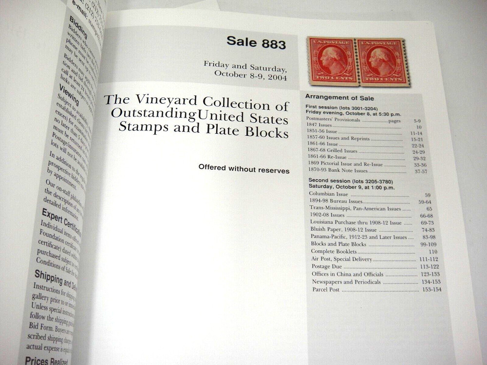 Siegel Auction Catalog w Prices Realized 2004 Vinyard Collection Plate Blocks