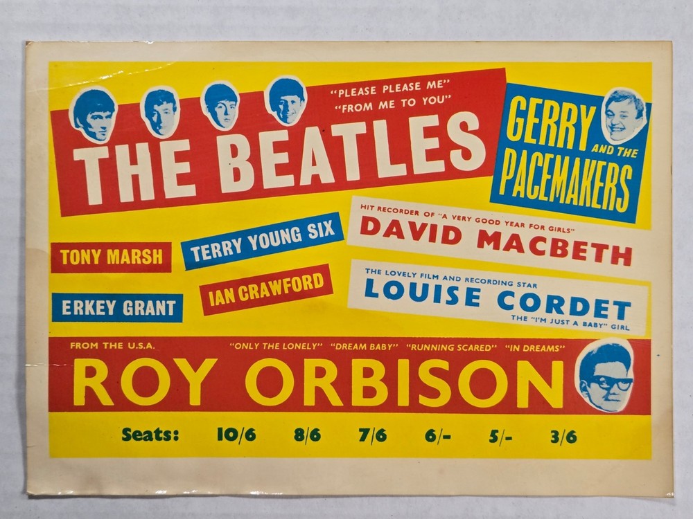 The Beatles / Roy Orbison (Replica) Concert Handbill Postcard Vintage 8" x 6"