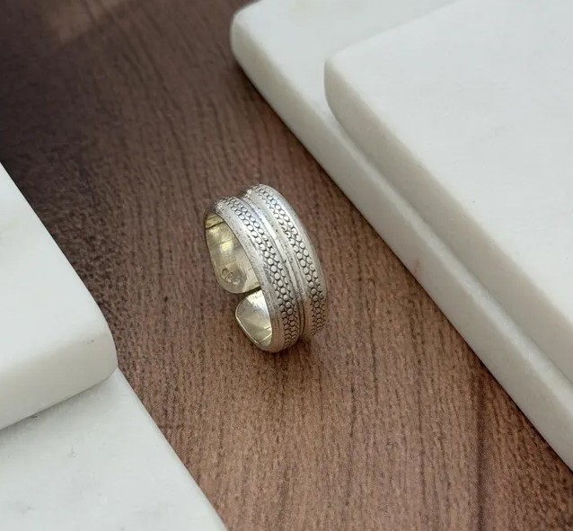 Solid 925 Sterling Silver Wide Textured Band Adjustable Thumb Boho Handmade Ring