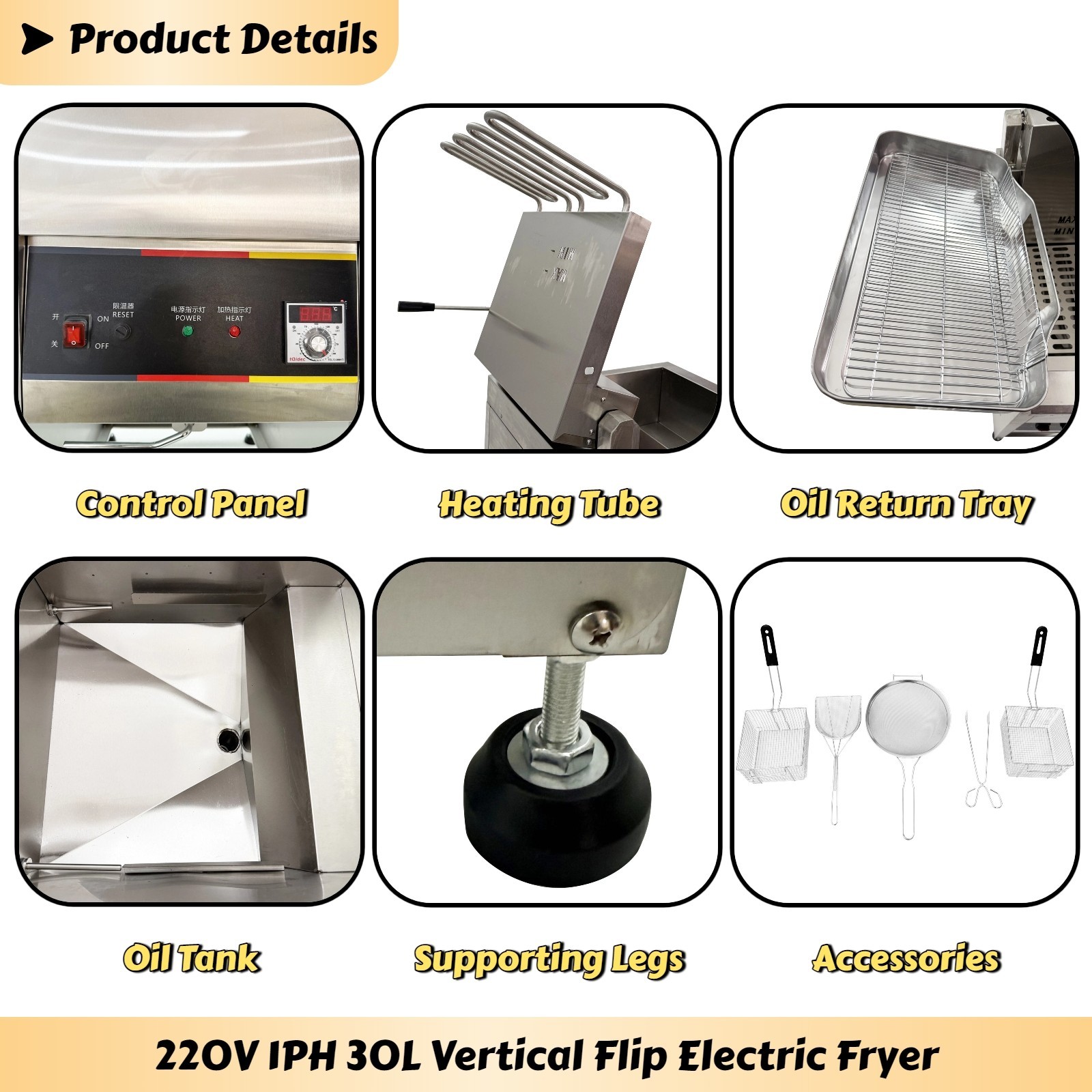 220V 1PH Vertical Flip Electric Fryer for Fried Chicken and Chips 30L 0-200˚C