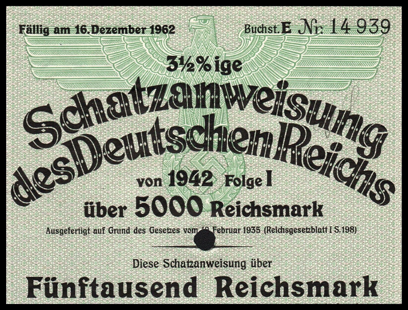 1942 Nazi Germany: Schatzanweisung des Deutschen Reichs 5000 Reichsmark Bond