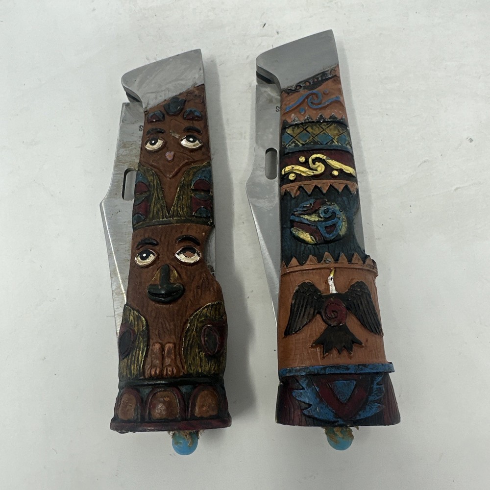 2 Large TIKI Figural/Decorative Lockback Folder Knife Unbranded SEE PICS