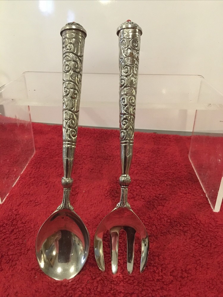 Salad Serving Set Spoon & Fork Silver Plated Raised Scroll Beaded Vintage
