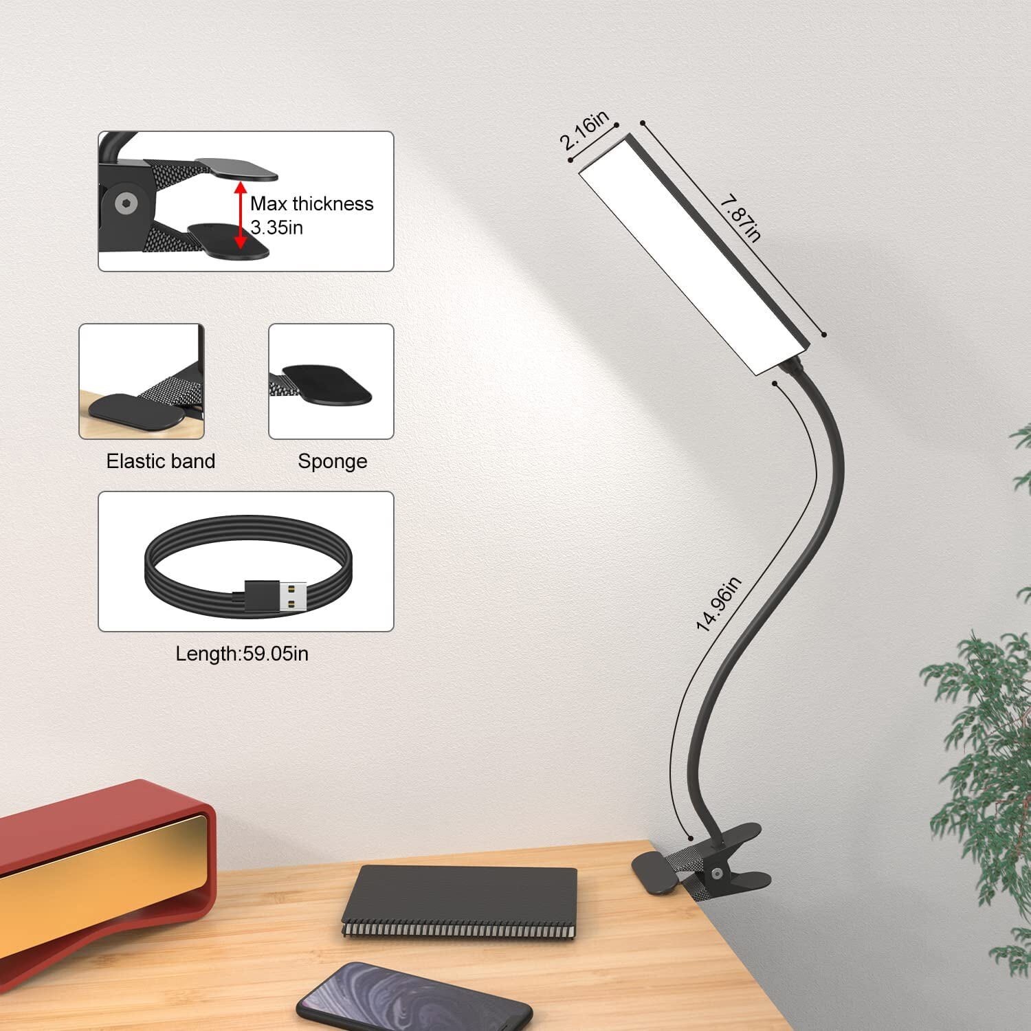 LED Desk Lamp Gooseneck Adjustable Lamp with Clamp Eye-Caring Reading Desk Light
