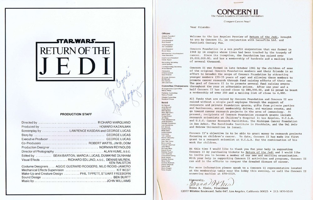Star Wars ROTJ Program 1983 Signed Concern II Benefit Screening Quad Foldout