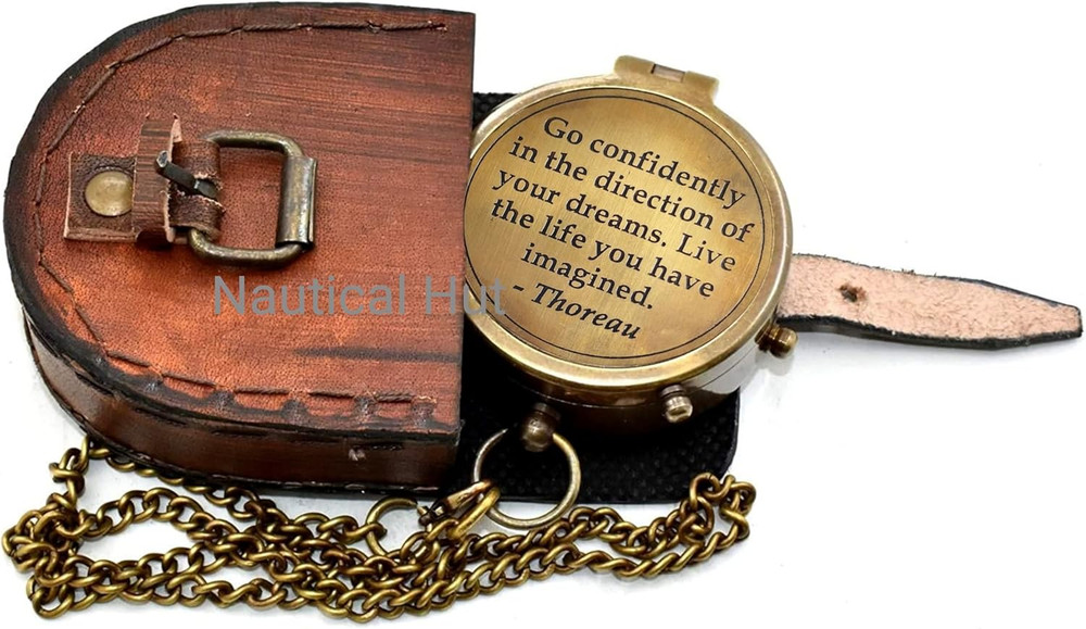 Thoreau'S Go Confidently Engraved Solid Brass Nautical Pocket Compass with Leath