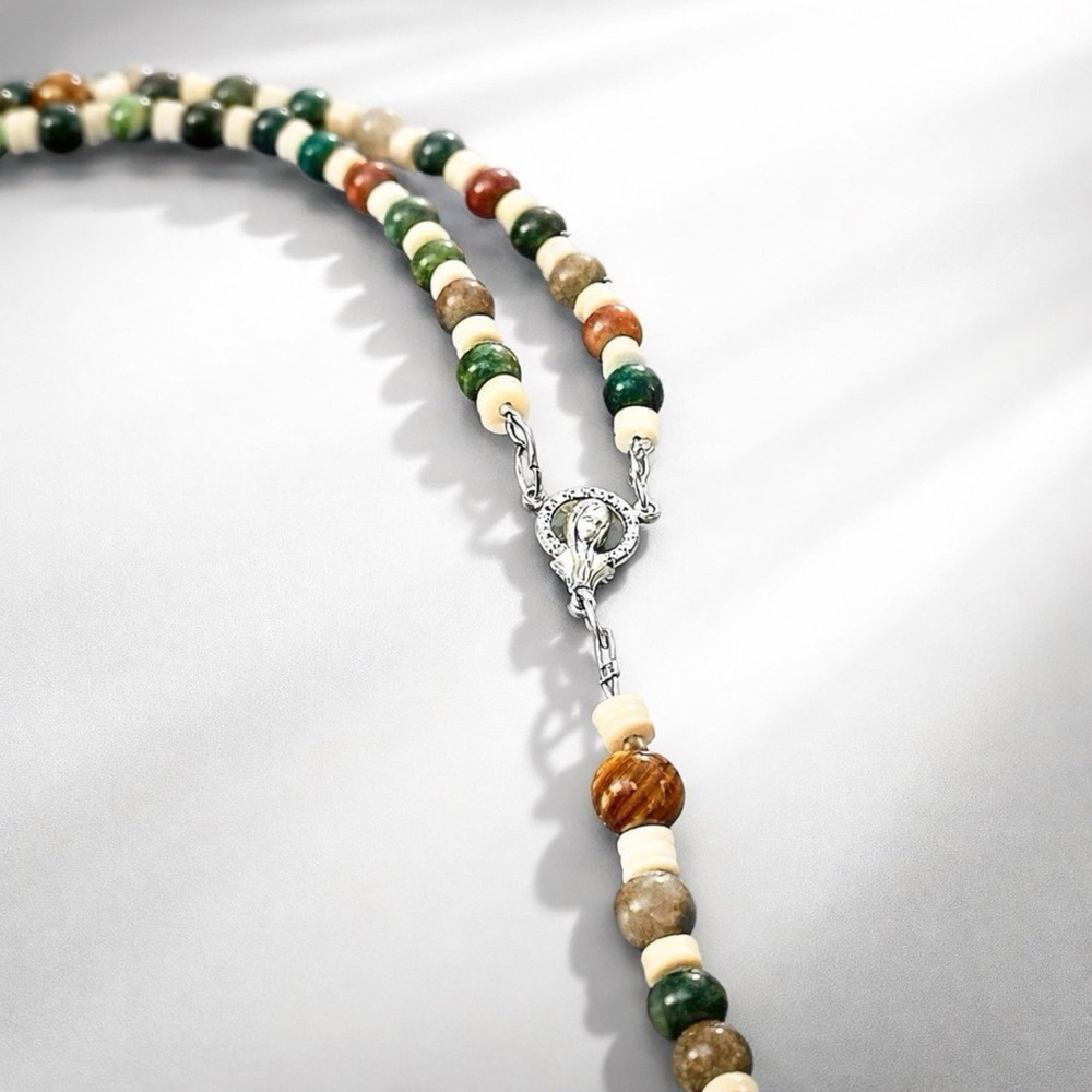 Catholic Rosary Prayer Beads Natural Stone Jasper Shell Accents 15.25”