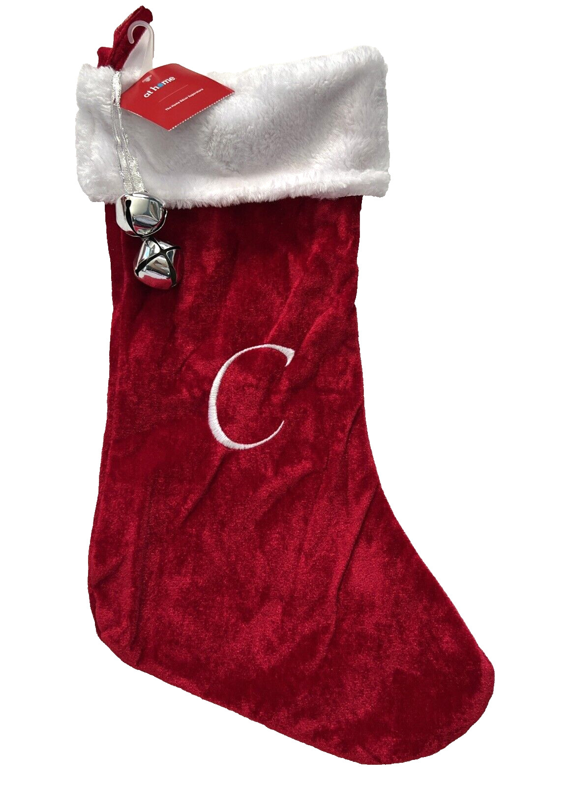 Christmas Stocking Monogram Initial C Red Plush White Cuff Jingle Bells At Home