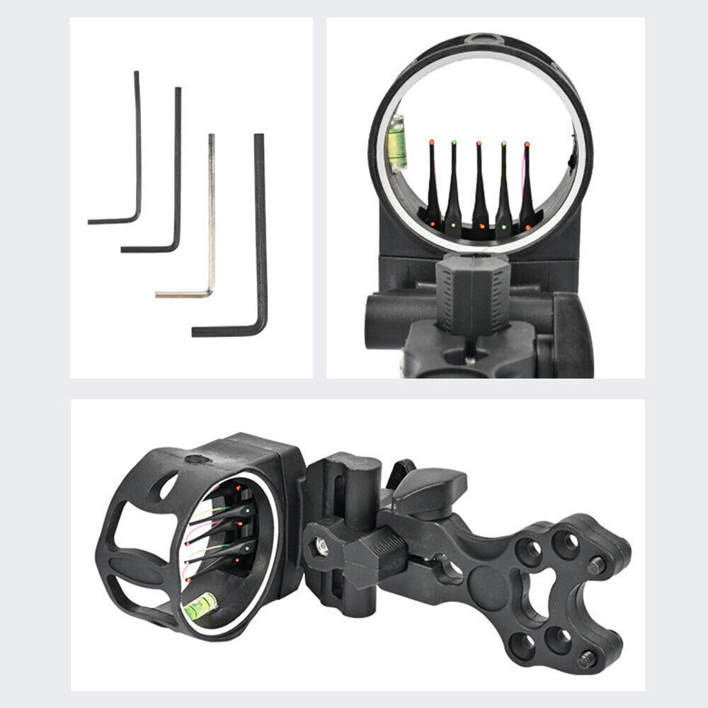 Compound Bow Sight 5 Pin 0.019" Fiber level bubble Adjustable Archery Shooting