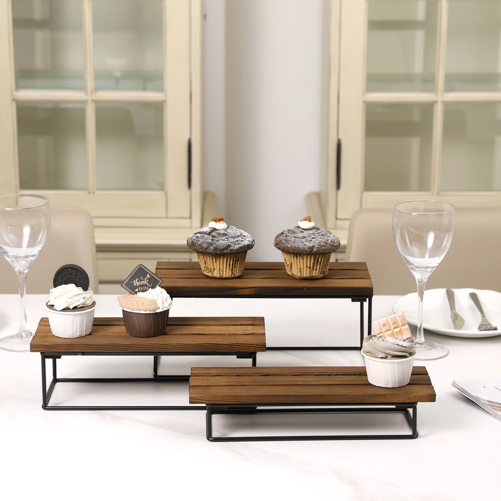 Burnt Solid Wood & Black Metal Wire 3 Tiered Dessert Display Riser Cupcake Stand