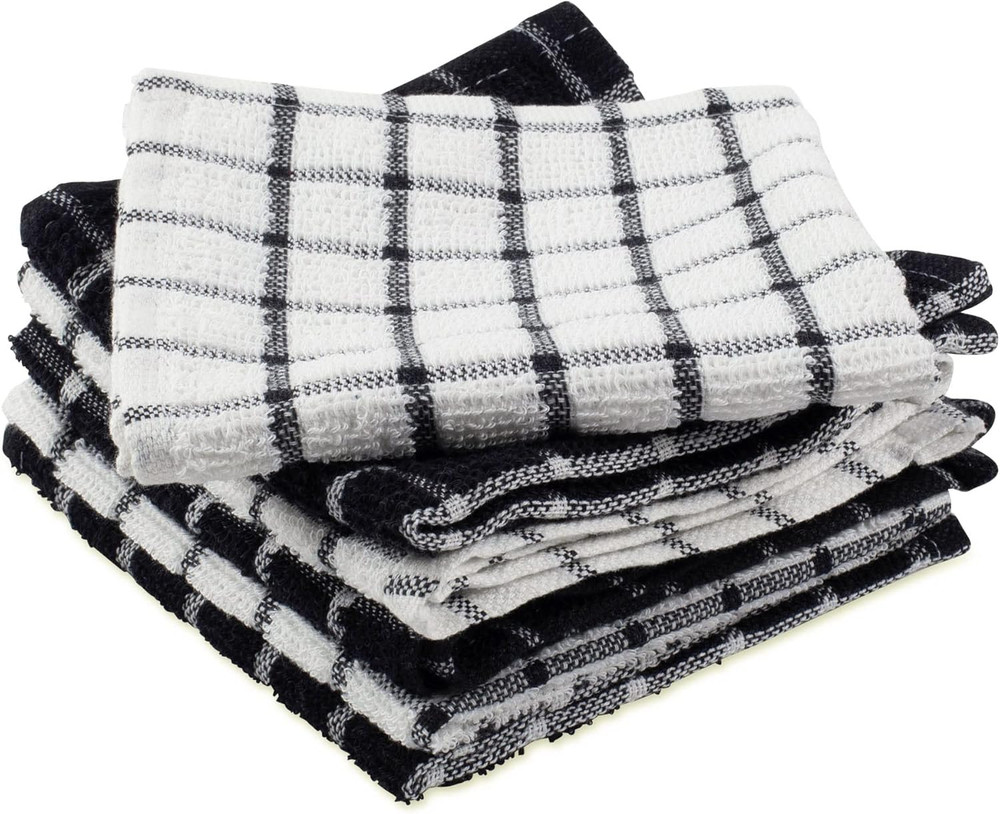 Basic Terry Collection Windowpane Dishcloth Set, 12X12, Black, 6 Piece