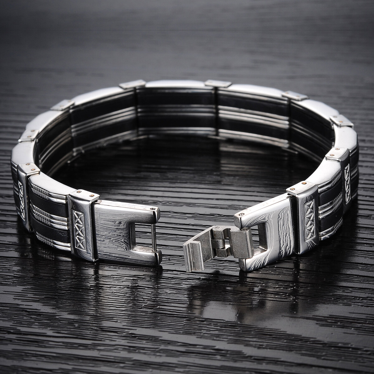 Men's Black Silver Tone Silicone Rubber Stainless Steel Bracelet Chain Wristband