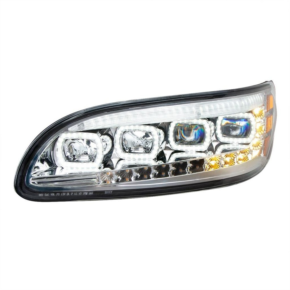 Pair Chrome Quad-LED Headlights With LED DRL & Sequential Signal For Peterbilt