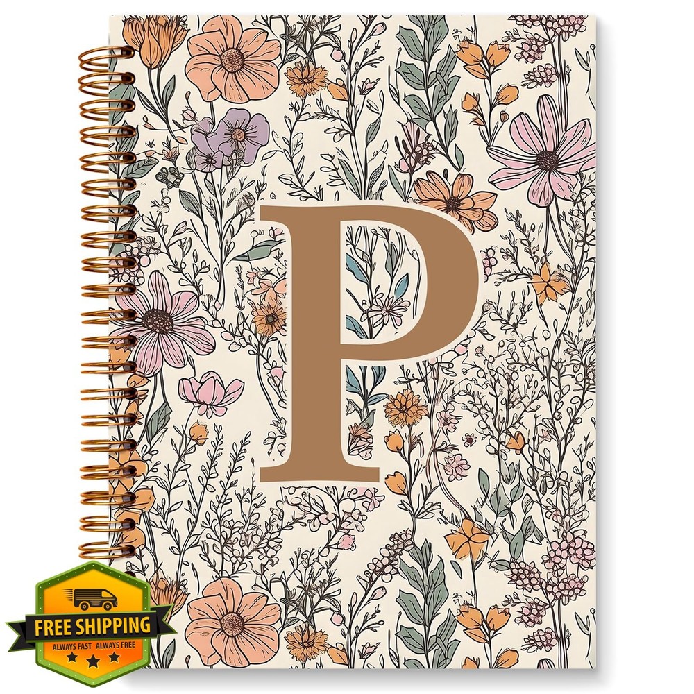 JXREQ Boho Floral Initial P Notebook Journal, Monogrammed 5.5x8.3"