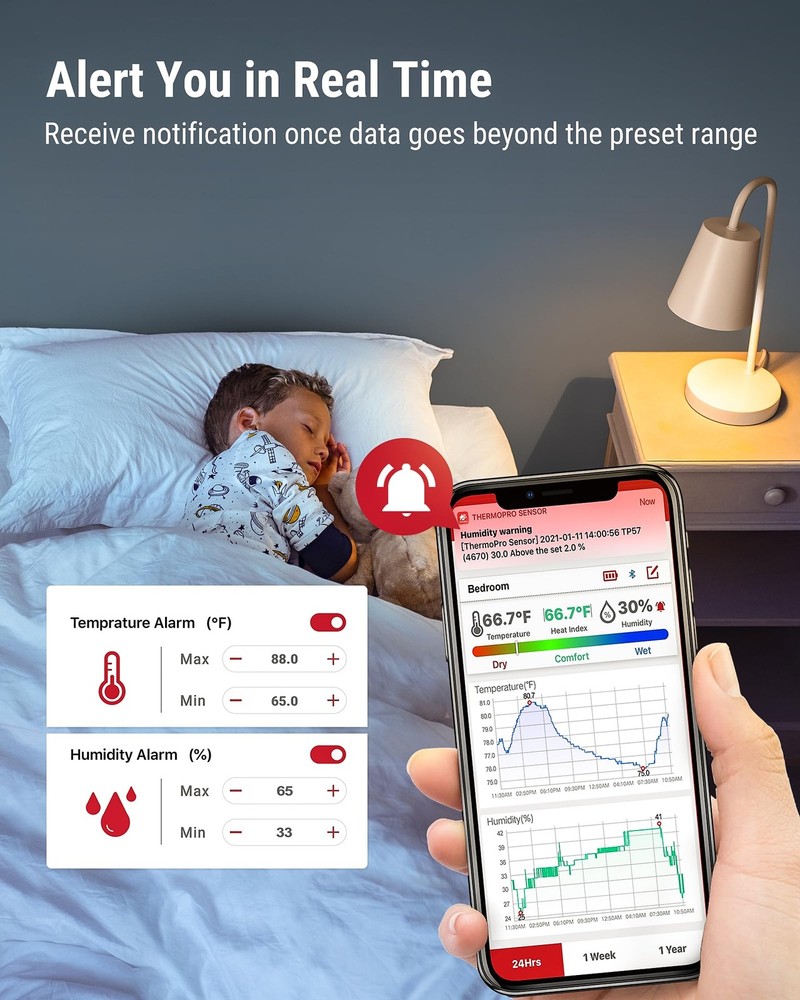 ThermoPro TP357 Digital Hygrometer Bluetooth Thermometer, Classical Silver