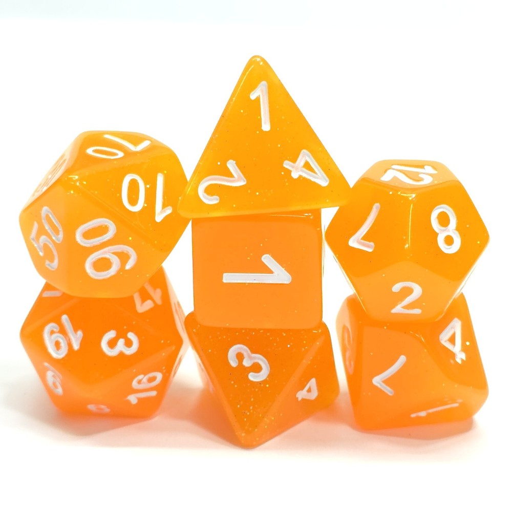 New 7 Piece Polyhedral Translucent Glitter Orange Dice Set With Bag D&D RPG