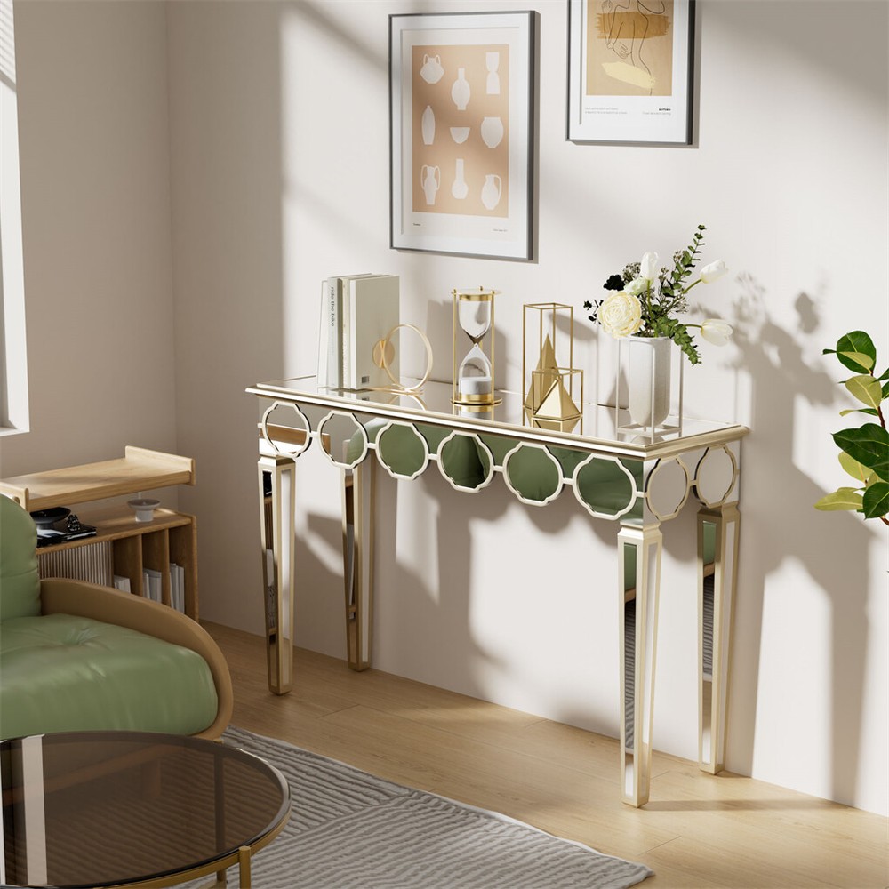 1.2m Ultra Long Mirrored Console Table Gold Rim Lantern Pattern Entryway Table