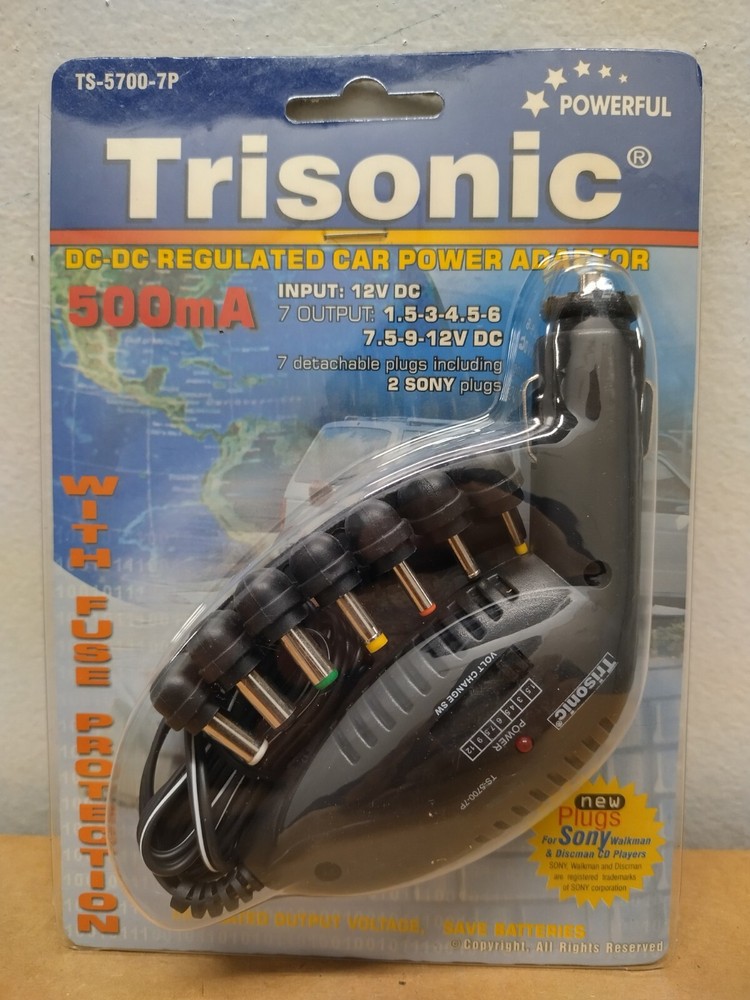 Trisonic DC-DC Regulated Car Power Adaptor with 7 Detachable Plugs & Volt Switch
