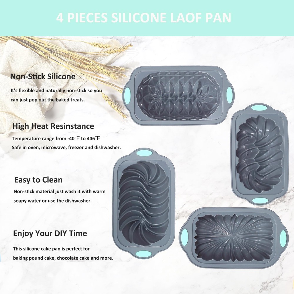 4 Piece Silicone Loaf Pan for Baking Bread, Non-Stick Kitchen Oven Bread Pan,...
