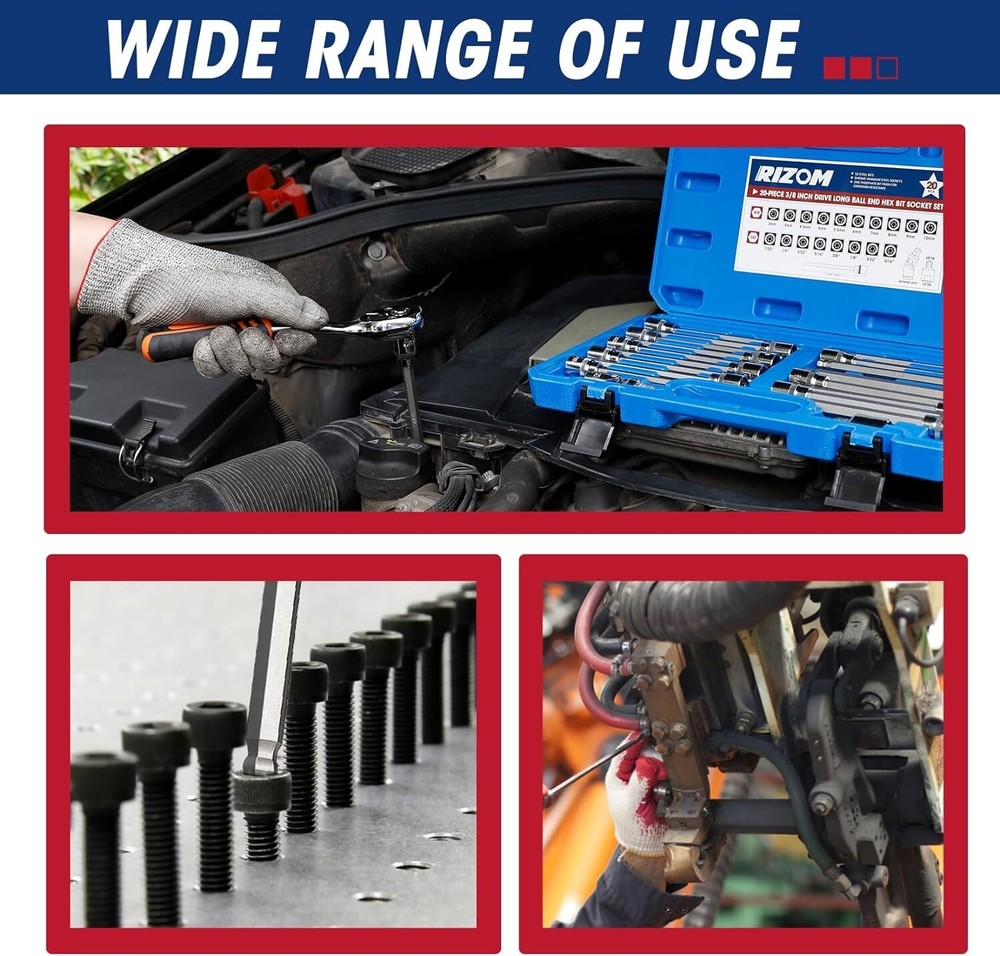 20Pc 3/8 Inch Drive Long Ball End Hex Bit Socket Set Extra Long Allen Socket Set