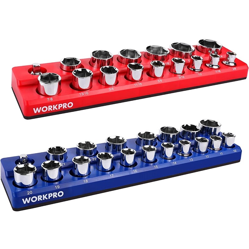 WORKPRO 2PC 1/2" Magnetic SAE Metric Socket Organizer Set Socket Holder Cart Set
