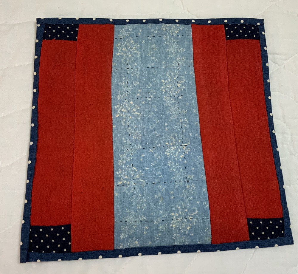 Vintage Antique Patchwork Quilt Table Topper, Log Cabin, Challis Wool, Red, Navy