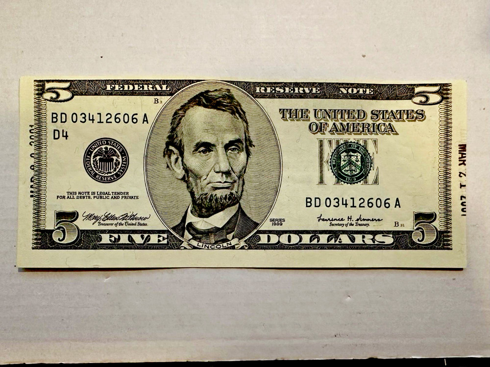 ERROR! 5 Dollar Bill USD Misprint Misaligned Miscut 1999 Circulated excellent