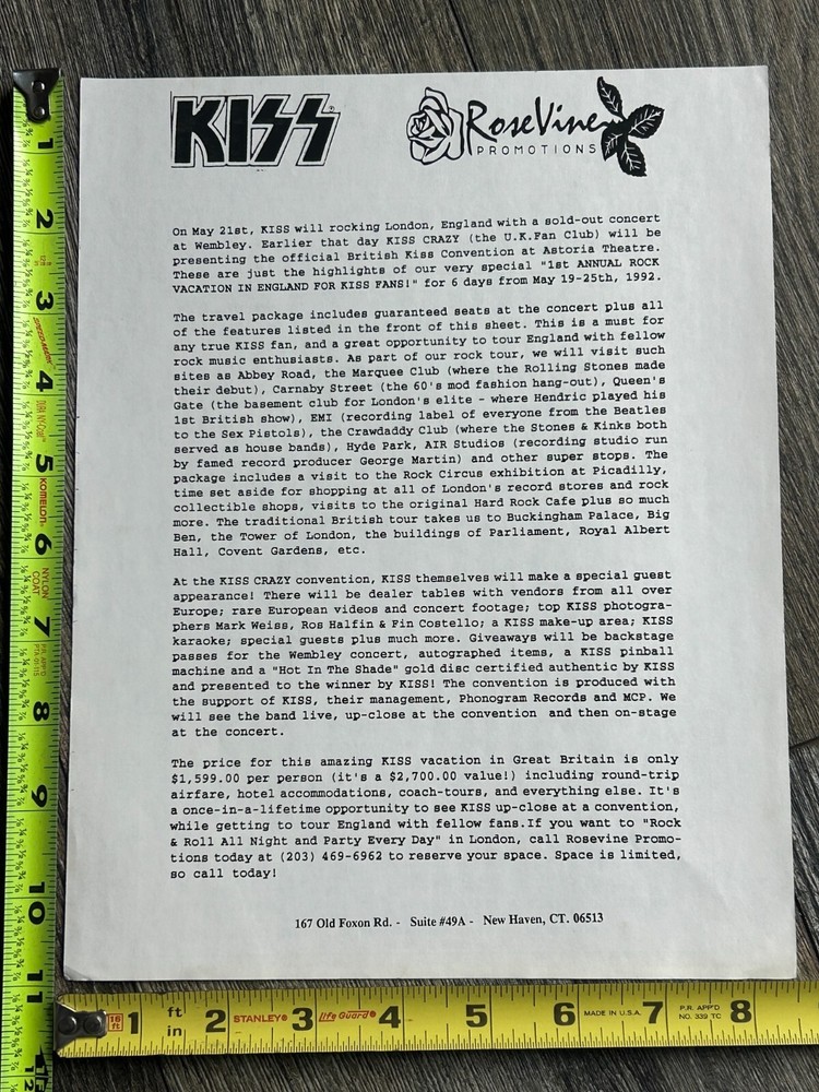 KISS Concert Ad Flyer UK Revenge Tour & Convention Package 1992 Vintage Kiss