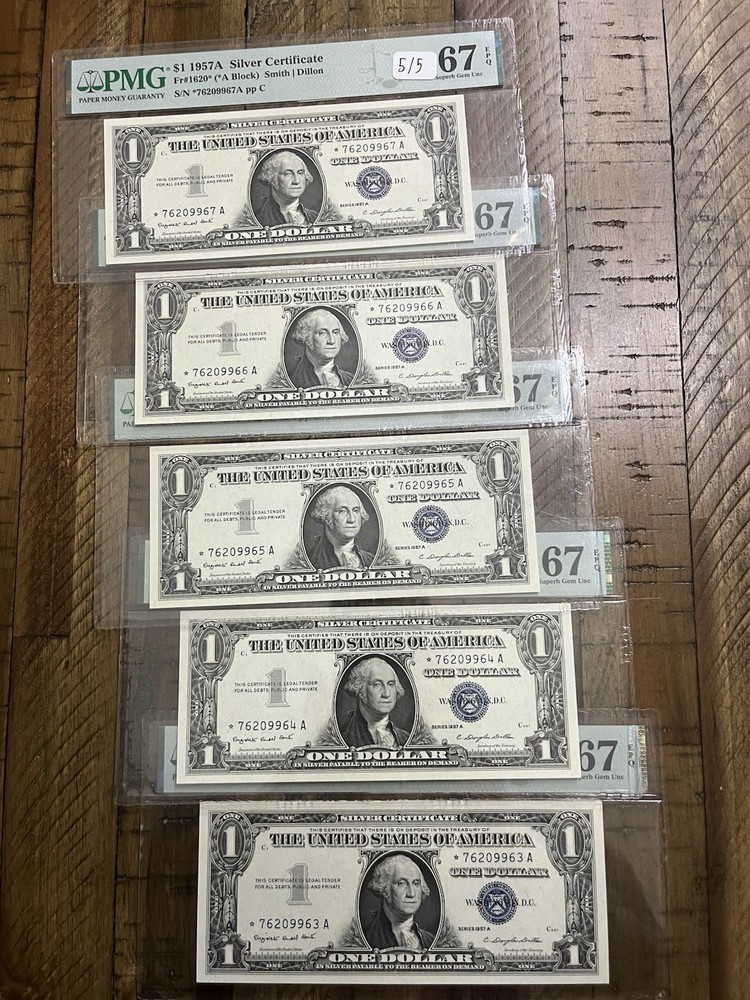1957 A $1 Silver Certificates PMG 67 EPQ Sequential 5 Graded Notes