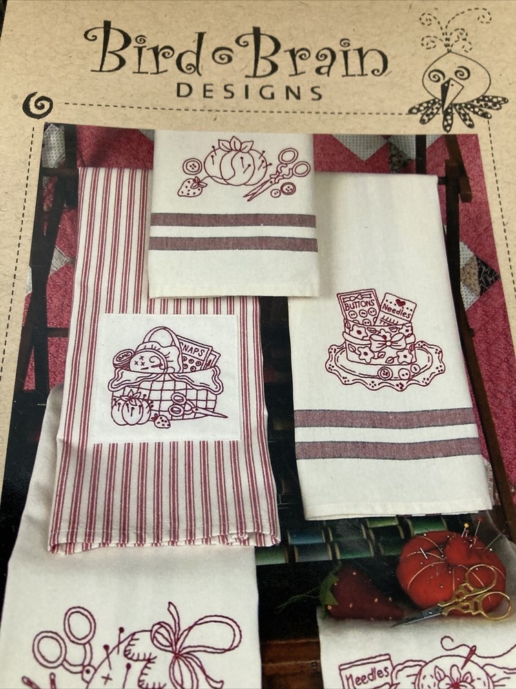 Bird Brain Traceable Embroidery Pattern - The Redwork Kitchen Towels