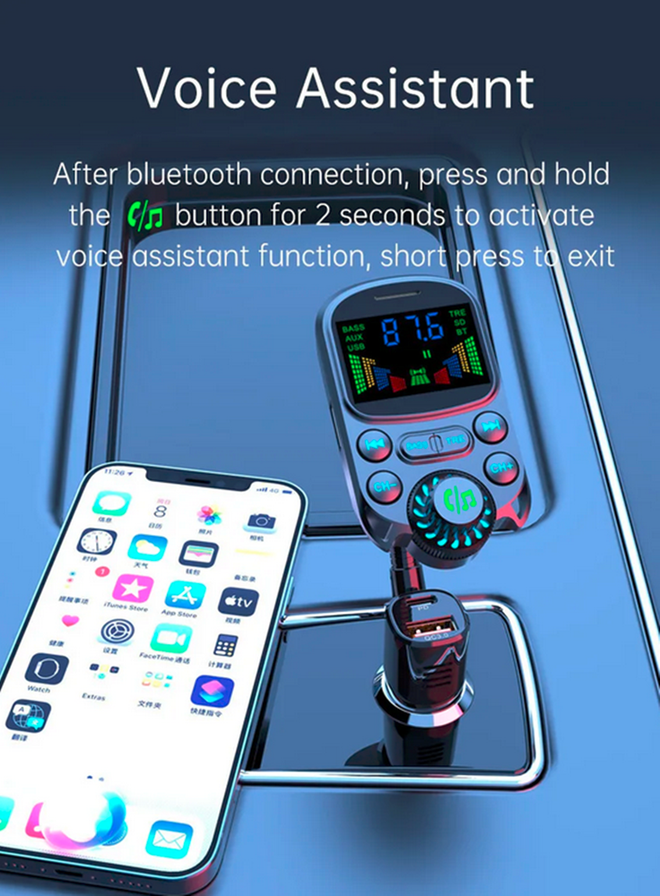 Bluetooth Car Wireless FM Transmitter Adapter USB PD Fast Charger AUX Hands-Free