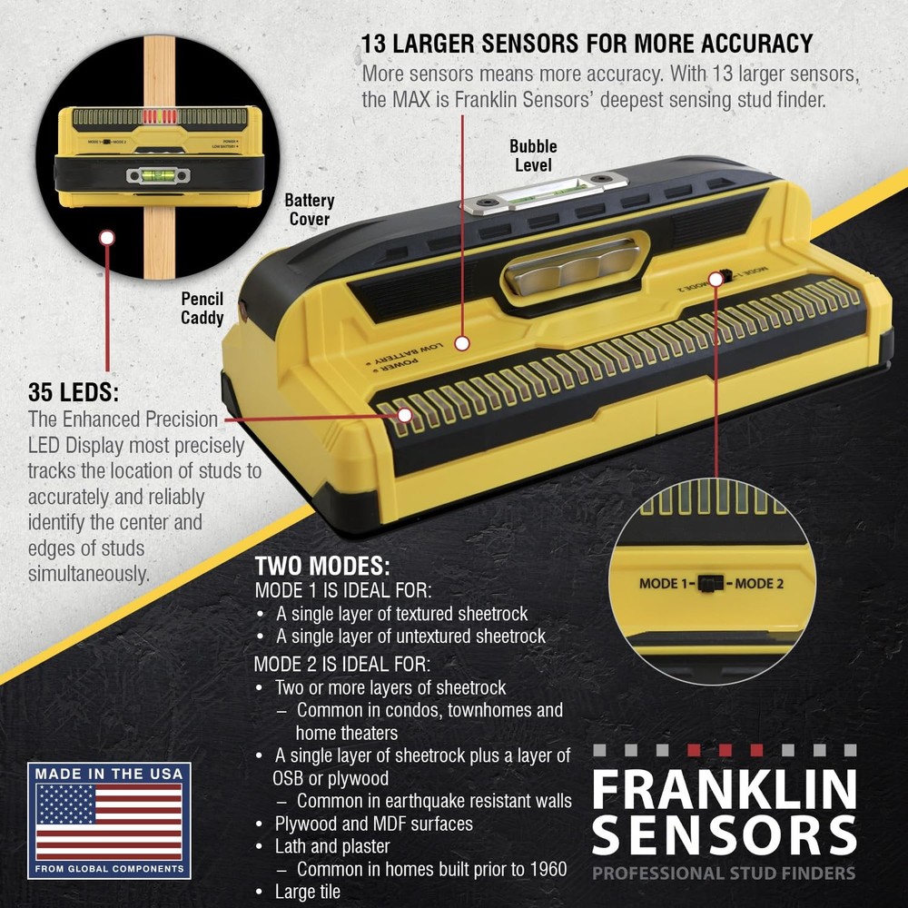 Best Franklin Sensors ProSensor MAX Stud Finder 13-Sensor Wall Scanner, Detects