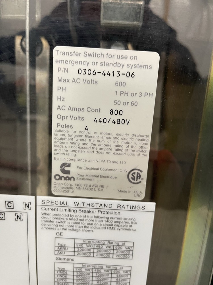 800 Amp Cummins Automatic Transfer Switch - 480v 3 Phase - Nema 3R