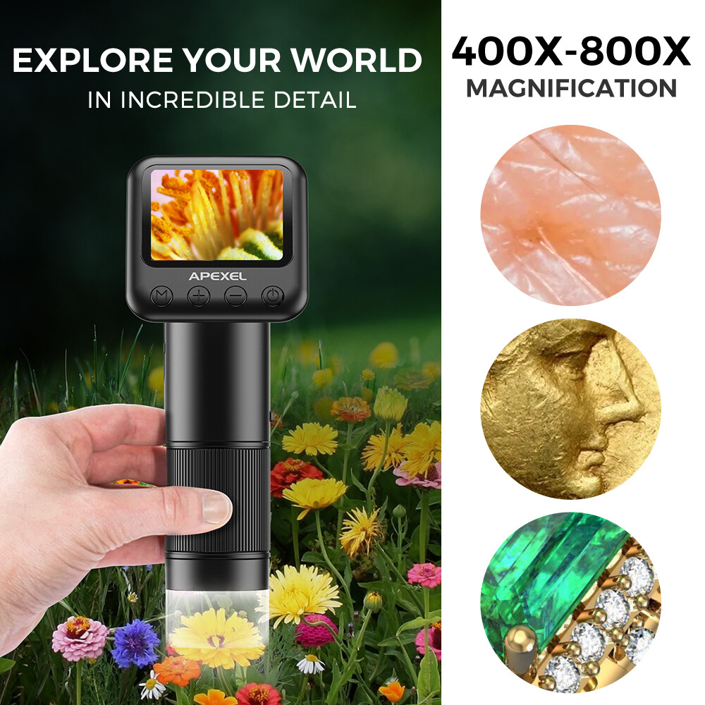 APEXEL Handheld Digital 400-800X Magnification Microscope LCD Screen for observe