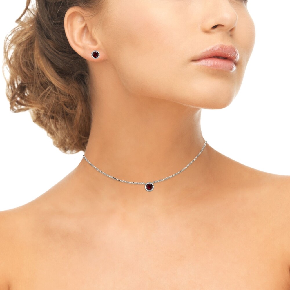 925 Silver Created Ruby 5mm Round Solitaire Dainty Necklace & Stud Earrings Set
