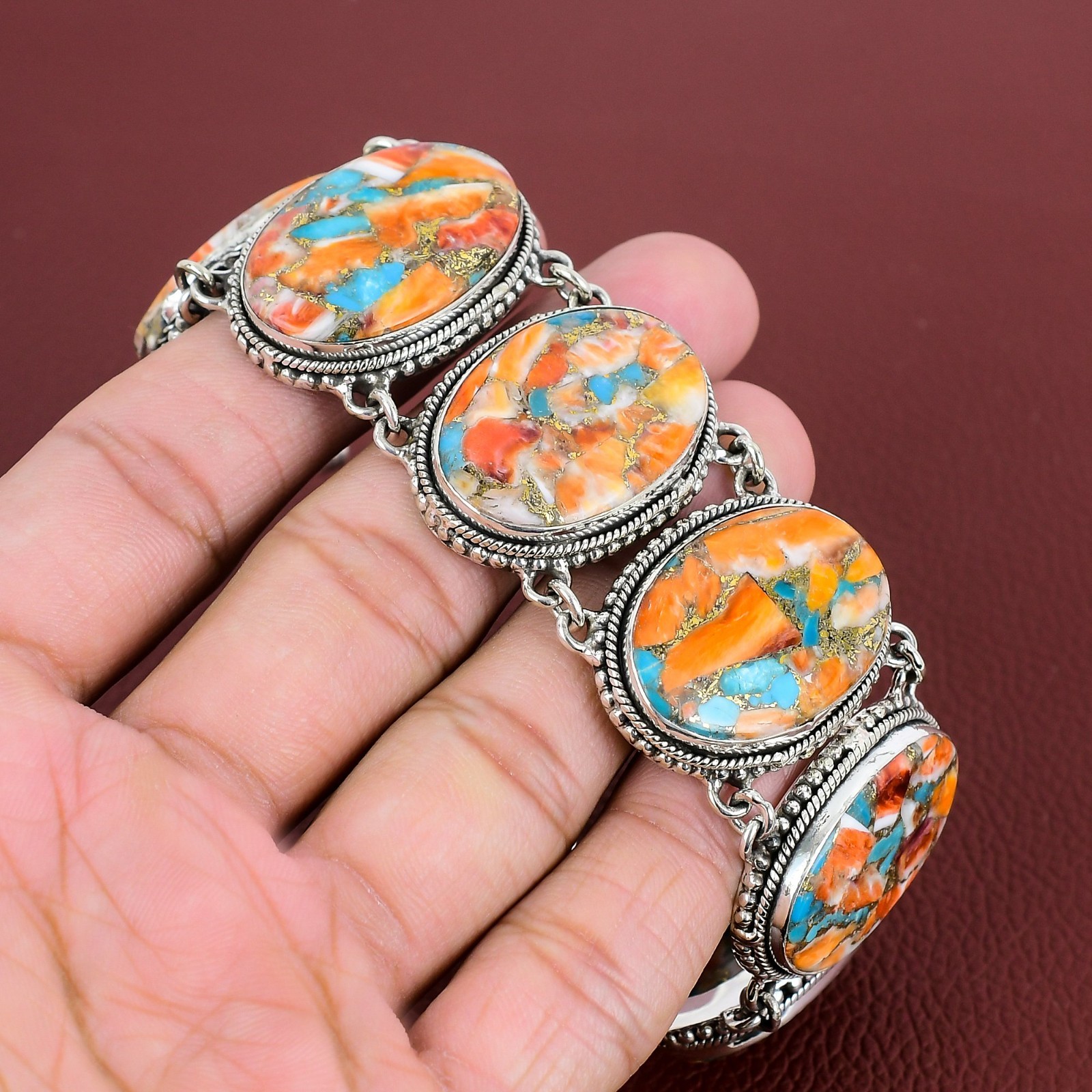 Spiny Oyster Copper Turquoise Vintage 925 Sterling Silver Adjustable Bracelet