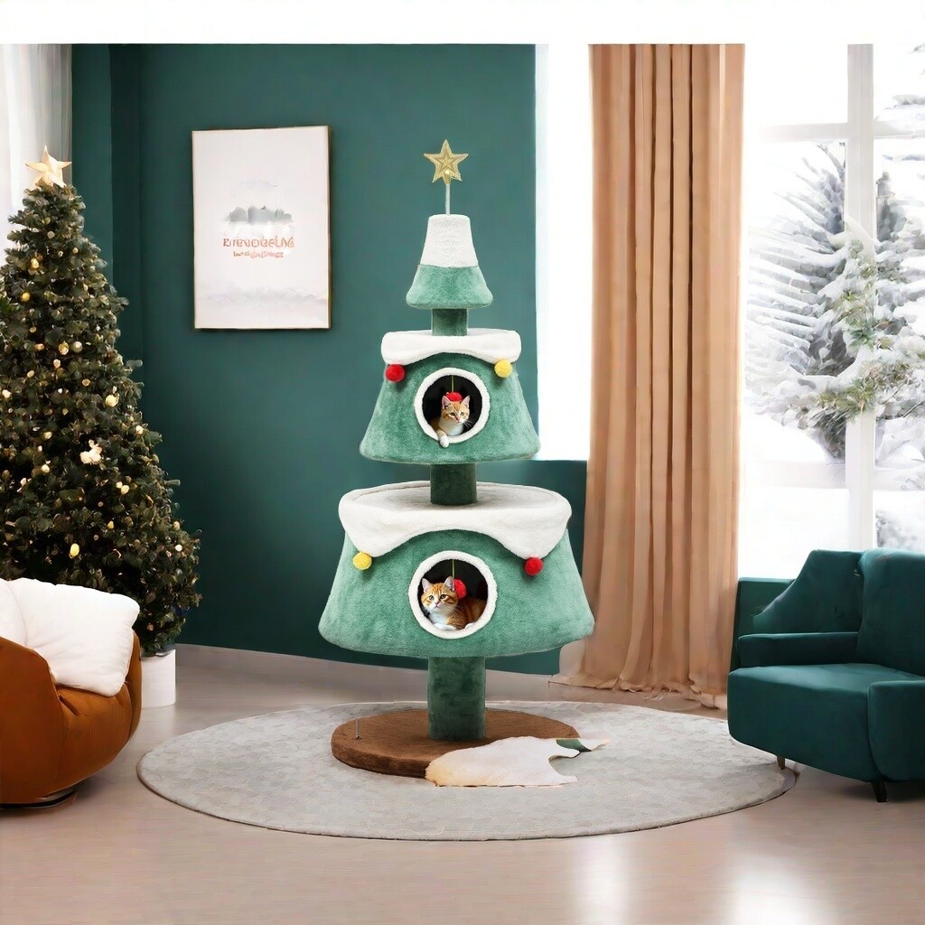 Christmas Cat Tree with Cat House Cat Tower for Indoor Cats with Cat Condos
