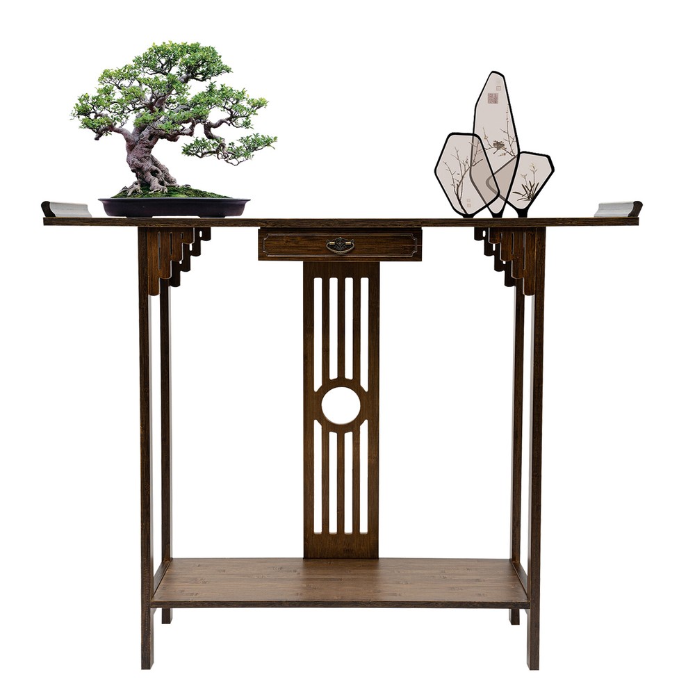2 Tiers Walnut Sofa Table Bamboo Entryway Table Table With Storage Shelves