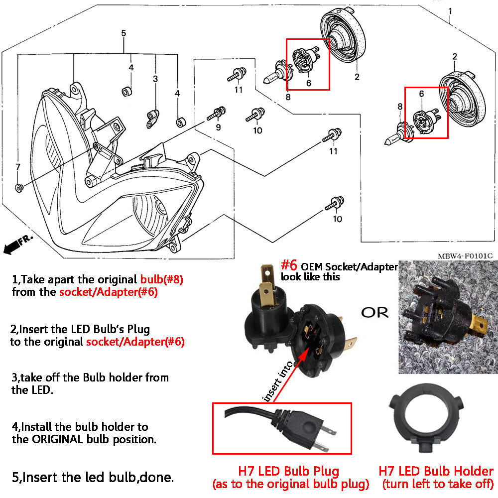 H7 LED Headlight Bulbs Bright for Honda CBR600RR 2003-2017 CBR600F4i 2001-2006