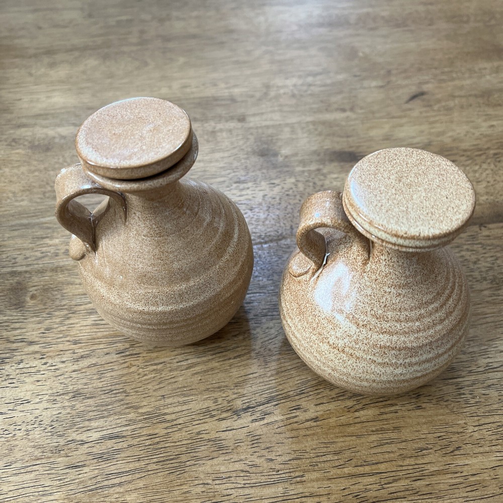 Art Pottery Mini Pitchers Glaze With Lids Rustic Decorations 2 Pcs.
