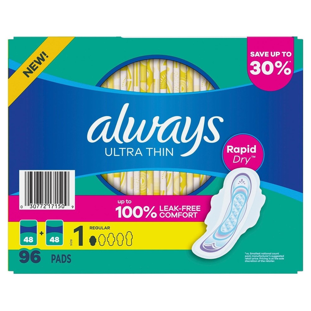 Always Ultra Thin Regular Pads with Wings, Size 1, 96 Count