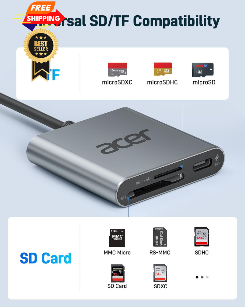 Acer SD 4.0 Card Reader, UHS-II Micro Reader 0.67 * 5.12 * 3.66 inch, Grey