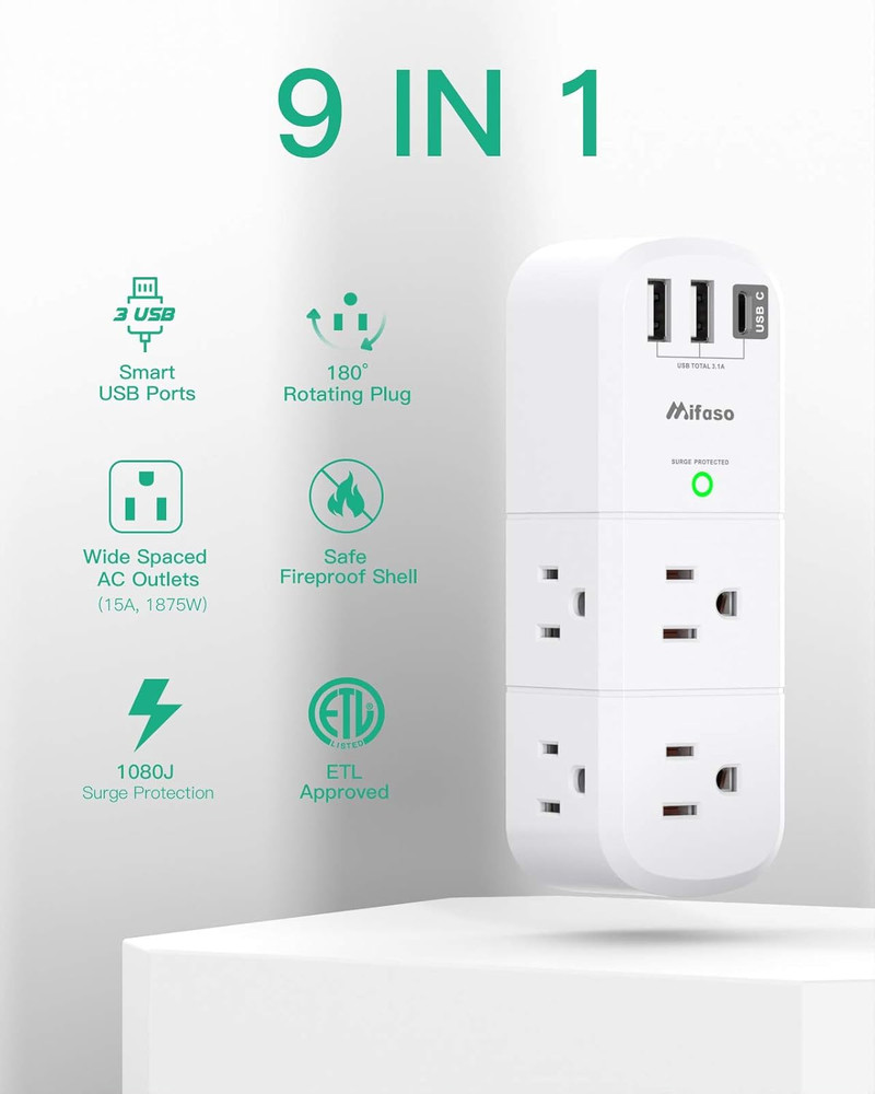 Outlet Extender with Rotating Plug, Mifaso Surge Protector 6 AC Multi Plug Wall