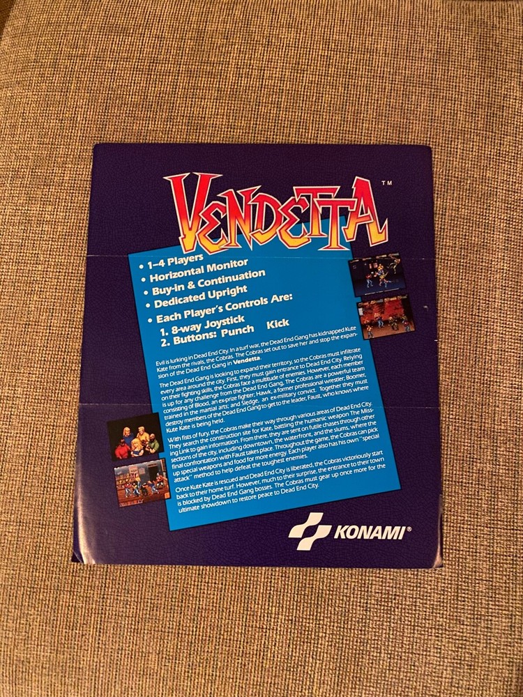 Konami Vendetta Video Arcade Game Flyer, 1991 NOS