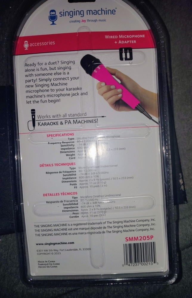 Singing Machine SMM205P Wired Dynamic Karaoke Microphone Pink w/ Adapter