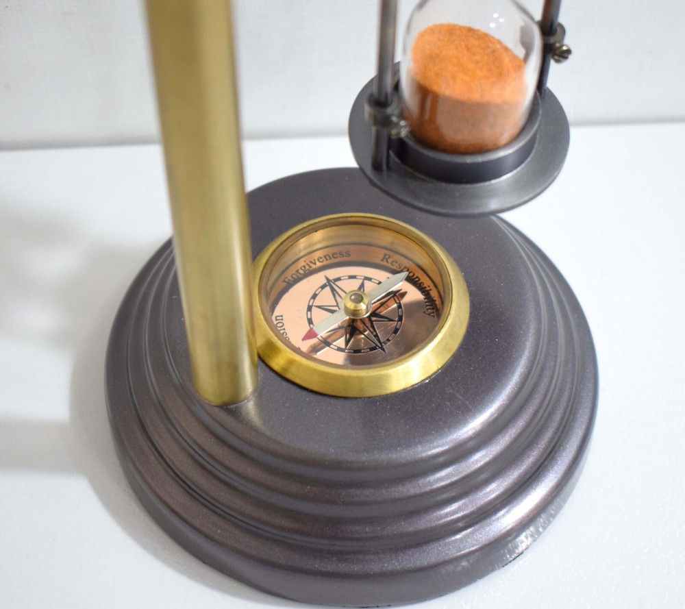 Rotating Brass Hourglass W/Built-in Compass & Swing Function -Orange Sand Inside
