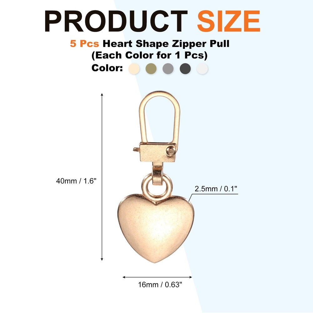 Zipper Pull Charm 5 Pcs Heart Shape Zipper Pull Replacement, Multicolor