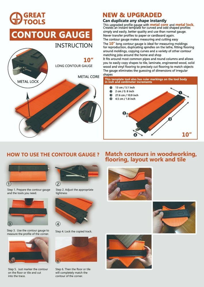 Contour Gauge Shape Duplicator with lock 10 inch + Angle Ruler