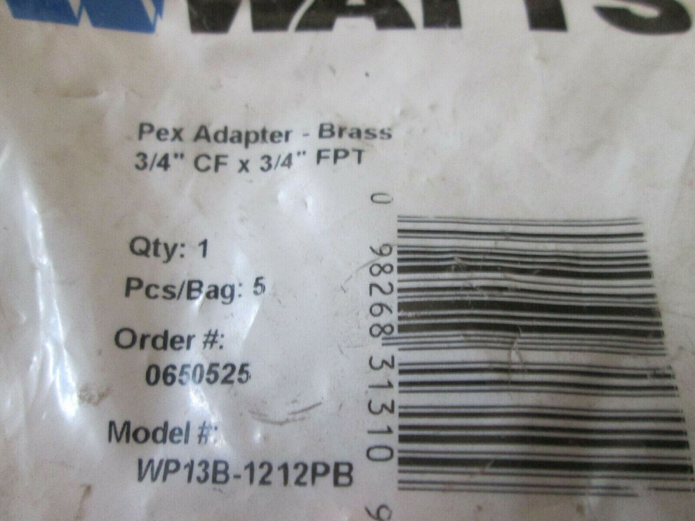 WATTS WP13B-1212PB BRASS PEX ADAPTER 3/4" 5 COUNT PACKAGE
